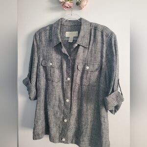 NORTON MCNAUGHTON GRAY BLACK 100% LINEN ROLL TAB SHACKET TOP WOMEN'S SIZE LARGE.